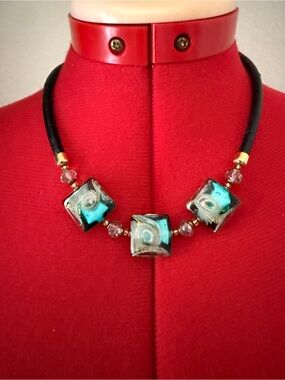 Antonio Vaccari Glass Art Turquoise Glass Cube Beaded and round rose  leather ne